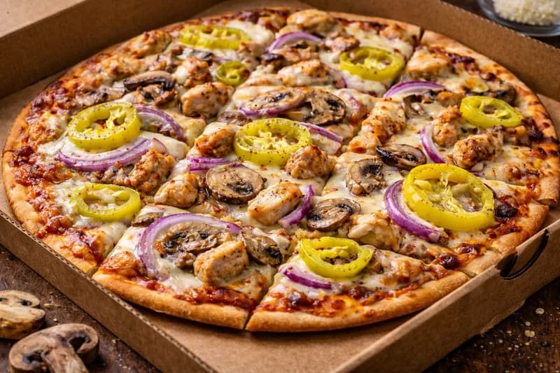 St. Louis-Style Pizza - Toppings: Chicken, Bacon, Sausage, Pepperoni, Mushrooms, Jalapeños, Extra Cheese.