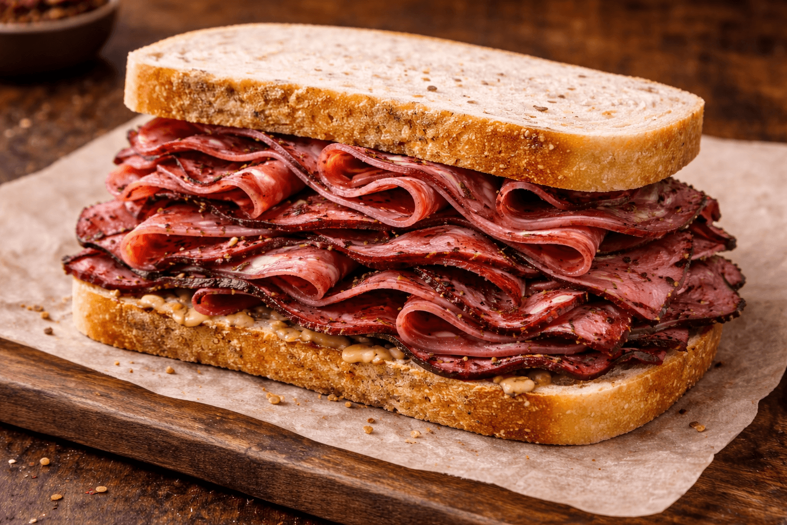 Pastrami Sandwich - Premium pastrami and corned beef on sourdough bread.