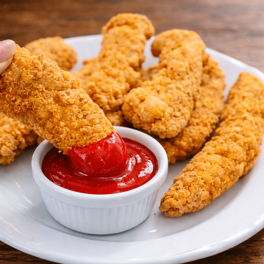 Chicken Tenders - Crispy golden chicken tenders served with ketchup for dipping.