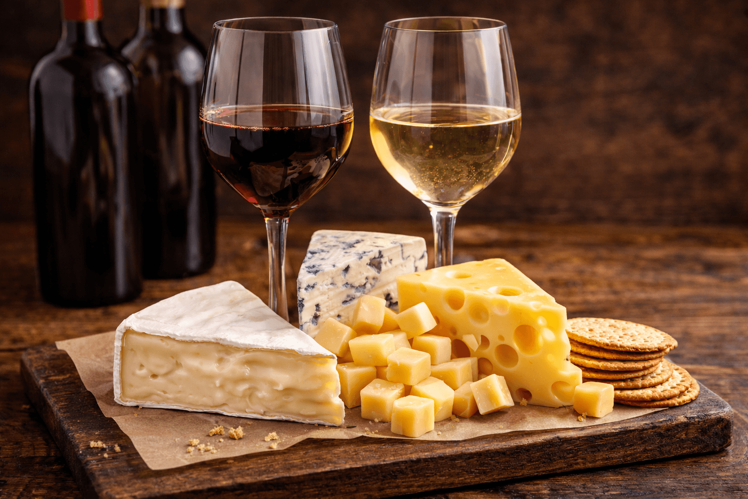 Wine & Cheese - Curated selection of red and white wines paired with premium cheeses and crackers.